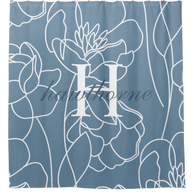 Blue Modern Elegant Wildflower Monogram Name Shower Curtain (Front)