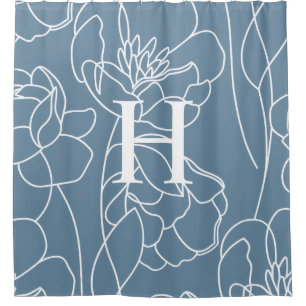 Blue Modern Elegant Wildflower Monogram Name Shower Curtain