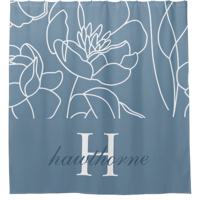 Blue Modern Elegant Wildflower Monogram Name Shower Curtain (Front)