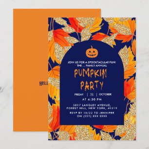 Blue Modern Faux Glitter Leaves Halloween Invitation