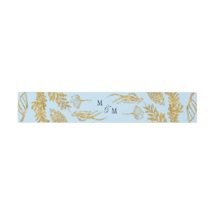 Blue Modern Faux Gold Glitter Fern Leaf Wreath Invitation Belly Band