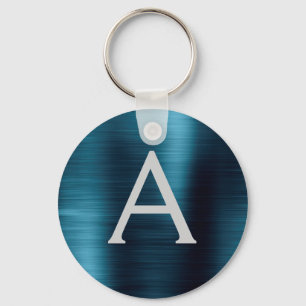 Blue Modern Faux Stainless Steel Monogram Key Ring