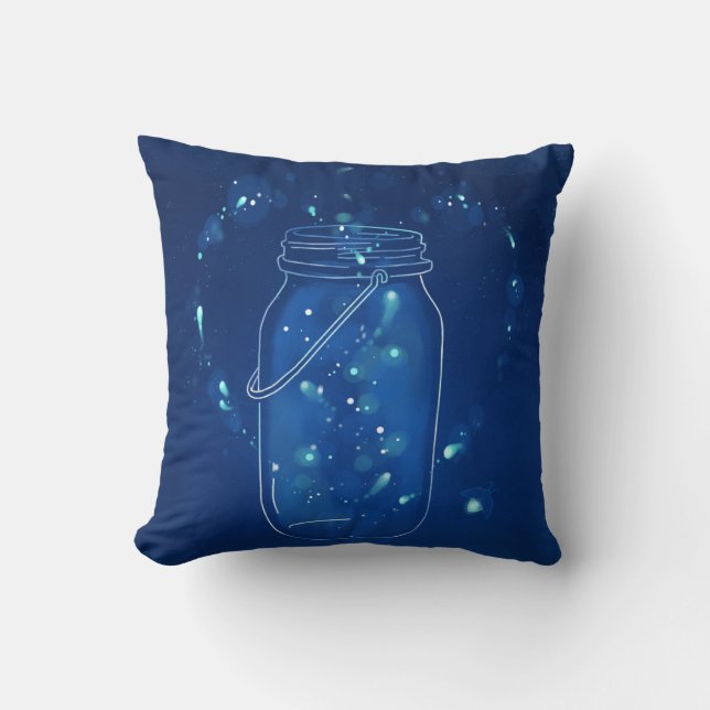 Blue Modern Firefly Love Jar Cushion (Front)