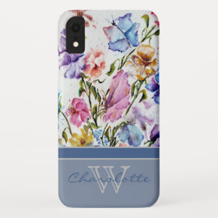 Blue Modern Floral and Butterfly Monogram Name Case-Mate iPhone Case