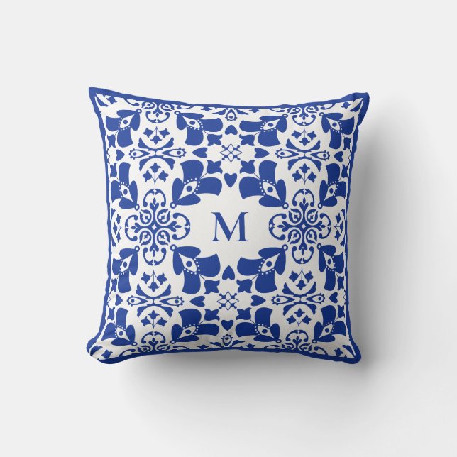 Blue Modern Floral Pattern Elegant Simple Monogram Cushion (Front)