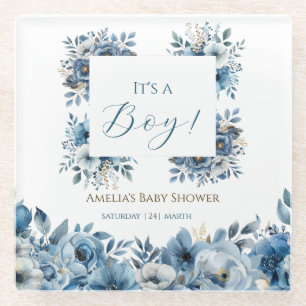Blue Modern Floral Watercolor Baby Shower Glass Coaster