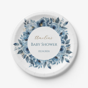 Blue Modern Floral Watercolor Baby Shower Paper Plate