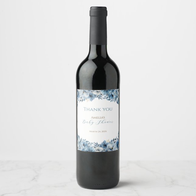 Blue Modern Floral Watercolor Baby Shower Wine Label (Front)