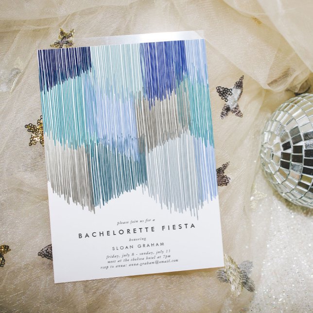 Blue Modern Fringe Bachelorette Party Invitation (Blue modern fringe bachelorette party invitation.)