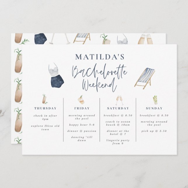 Blue modern girly bachelorette weekend itinerary (Front/Back)