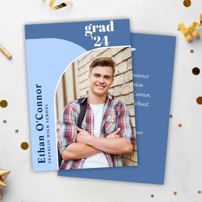Blue Modern Graduate Photo High School Graduation Announcement (Blue Modern Arch Photo High School Graduation Announcement)