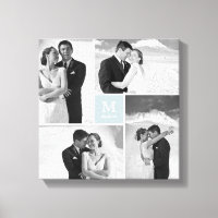 Blue Modern Grid Monogram Wedding 4 Photo Collage