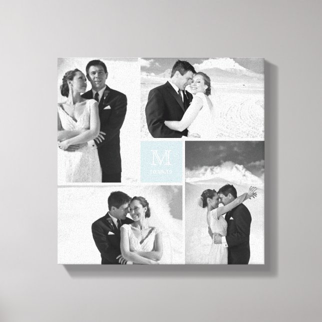 Blue Modern Grid Monogram Wedding 4 Photo Collage Canvas Print (Front)