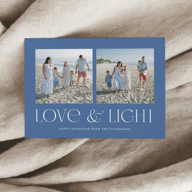 Blue Modern Hanukkah Love & Light 2-Photo Holiday Card (Love & Light Hanukkah photo card in powder blue background colour)