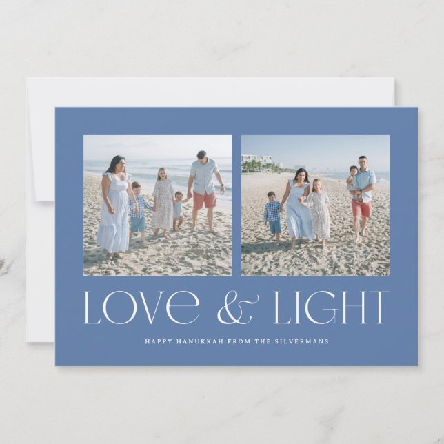 Blue Modern Hanukkah Love & Light 2-Photo Holiday Card (Front)