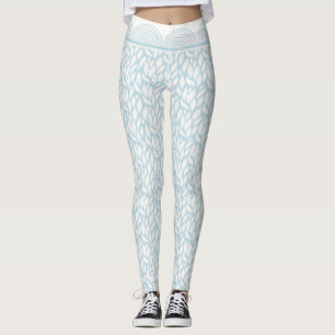 Blue Modern Leaf Line & Scallop Pattern Leggings