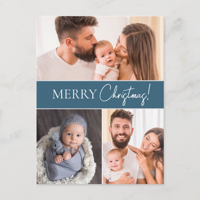 Blue Modern Merry Christmas Multiple Family photos Holiday Postcard (Front)