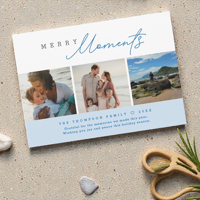 Blue Modern Merry Moments Beach Photos Holiday (Custom vacation photo Merry Moments Holiday family cards.)