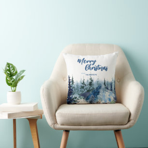 Blue Modern Merry xmas trees forest raindeer  Cushion