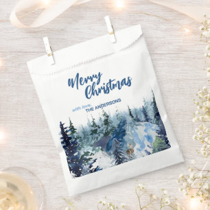 Blue Modern Merry xmas trees forest raindeer Favour Bags