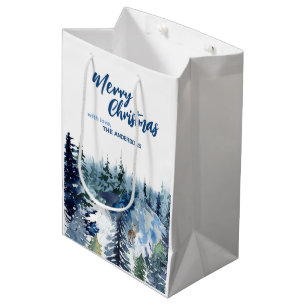 Blue Modern Merry xmas trees forest raindeer Medium Gift Bag
