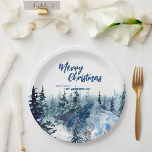 Blue Modern Merry xmas trees forest raindeer  Paper Plate