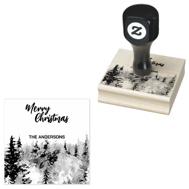 Blue Modern Merry xmas trees forest raindeer  Rubber Stamp (Stamped)