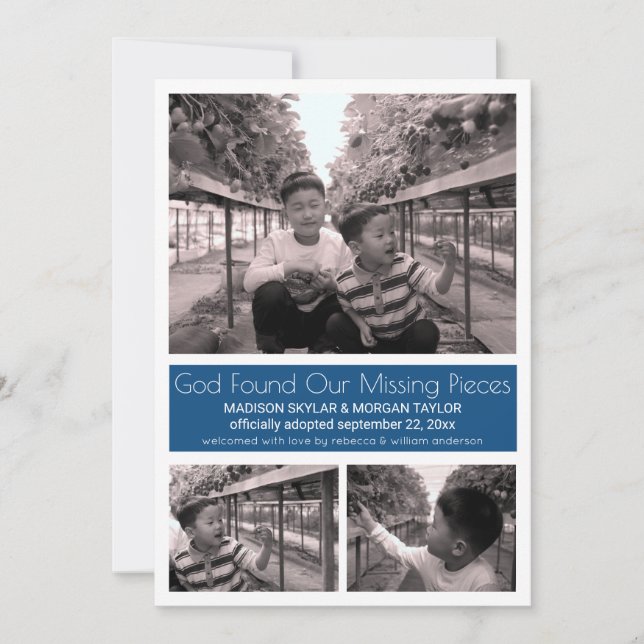 Blue Modern Minimalist Child Adoption 3 Photo Announcement (Front)