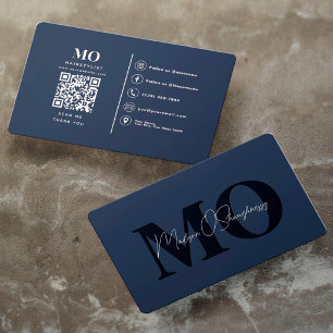 Blue Modern Minimalist Monogram Professional QR Business Card