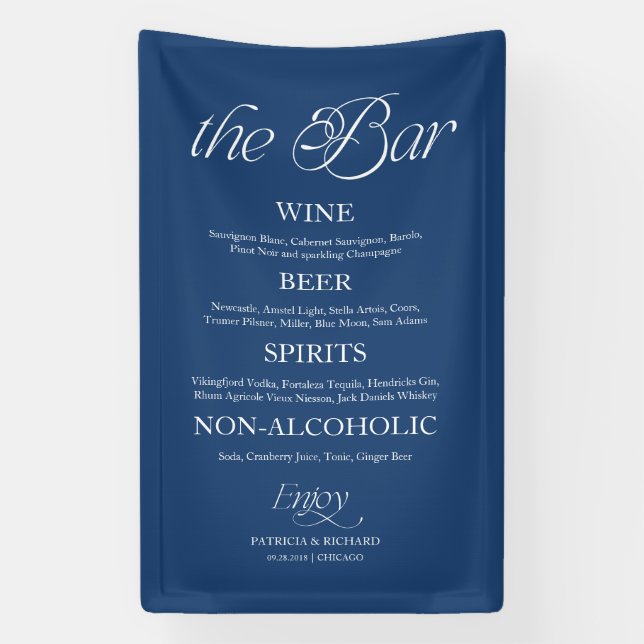 Blue Modern Minimalist "The Bar" Wedding Menu Sign (Vertical)
