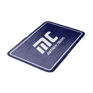 Blue Modern Monogram Clean Minimal Name Text Bold Bath Mat