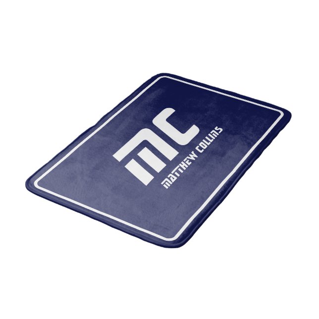 Blue Modern Monogram Clean Minimal Name Text Bold Bath Mat (Angled)