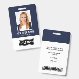 Blue Modern Monogram Logo Employee Photo Barcode ID Badge