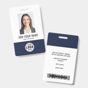 Blue Modern Monogram Logo Employee Photo Barcode ID Badge