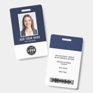 Blue Modern Monogram Logo Employee Photo Barcode ID Badge