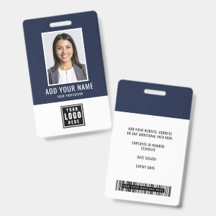 Blue Modern Monogram Logo Employee Photo Barcode ID Badge