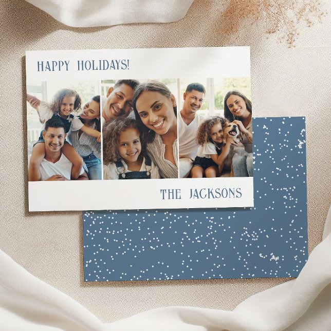 Blue Modern Photo Collage Holiday Card with Snow (Creator Uploaded)