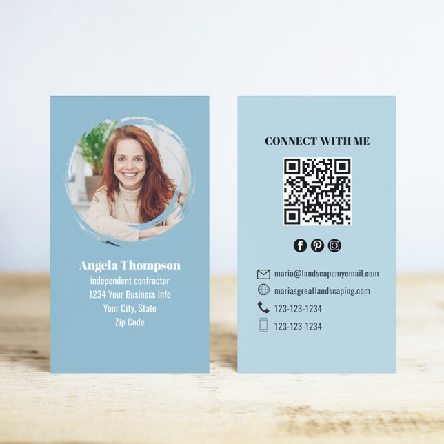 Blue Modern Photo QR Code Connect with Me Business Card (Blue business card template with QR code and social media icons.)