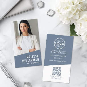 Blue Modern Photo QR Code Logo Vertical Business Card