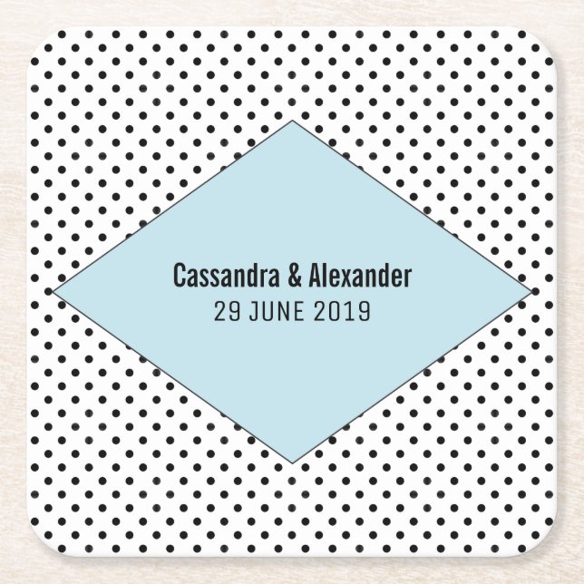 Blue Modern Polka Dots Wedding Square Paper Coaster (Front)