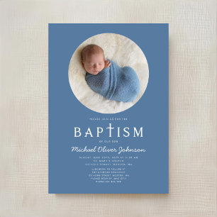 Blue Modern Religious Cross Photo Boy Baptism Invitation