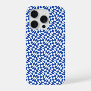 Blue modern retro swirl checkered iPhone 15 pro case