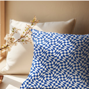 Blue modern retro swirl chequered cushion