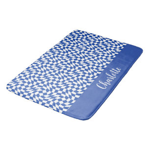 Blue modern retro swirl chequered custom name bath mat