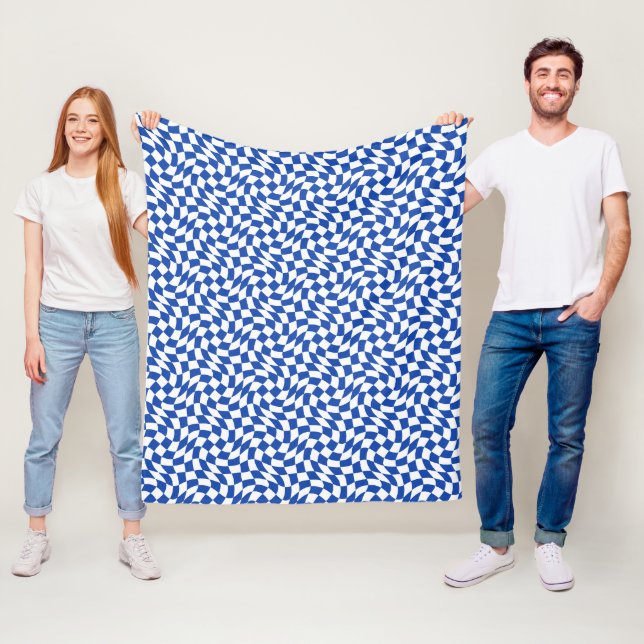 Blue modern retro swirl chequered fleece blanket (In Situ)