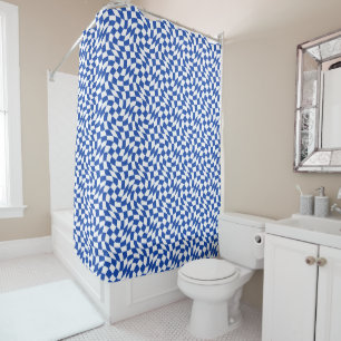 Blue modern retro swirl chequered shower curtain