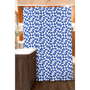 Blue modern retro swirl chequered shower curtain