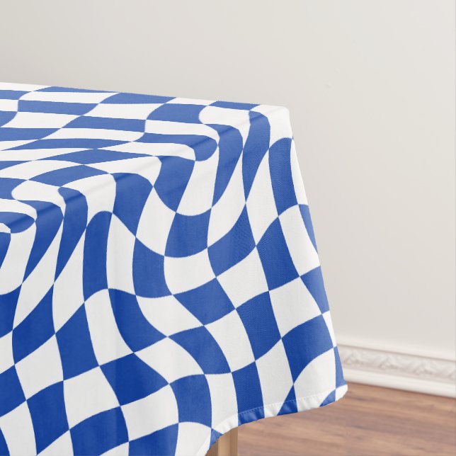 Blue modern retro swirl chequered tablecloth (In Situ)