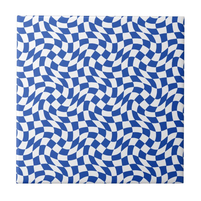 Blue modern retro swirl chequered tile (Front)