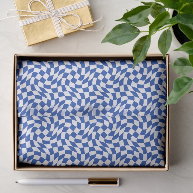 Blue modern retro swirl chequered tissue paper (Gift)